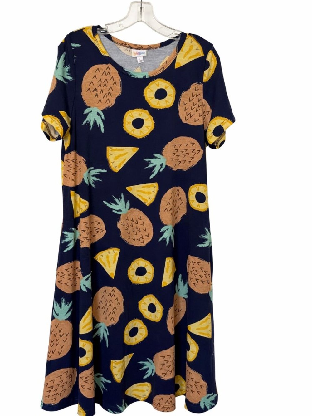 LuLaRoe Navy Pineapple Print Jessica Midi Dress with Yellow and Tan Fruit Motif